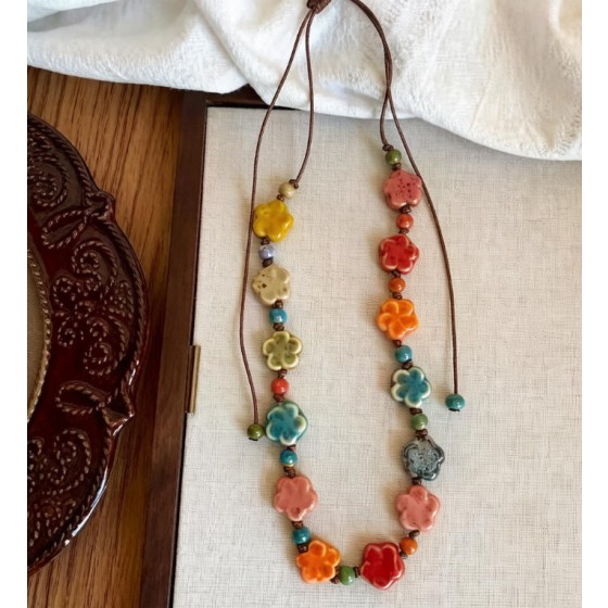 Vintage Blue Green Drip Glaze Ceramic Pendant Necklace Handcrafted Polymer Clay Beads Macrame Cord Boho Beach Wedding Accessories Jewelry for Women Girls Holiday Resort Wear