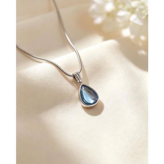 Women’s Silver Chain Necklace with Blue Teardrop Crystal Pendant – Waterproof Tarnish-Free Jewelry