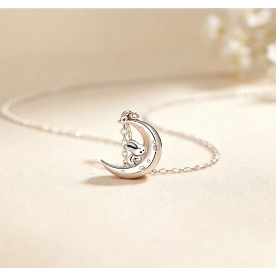 Crescent Moon Rabbit Necklace Dainty Bunny Pendant Necklace Celestial Charm Jewelry